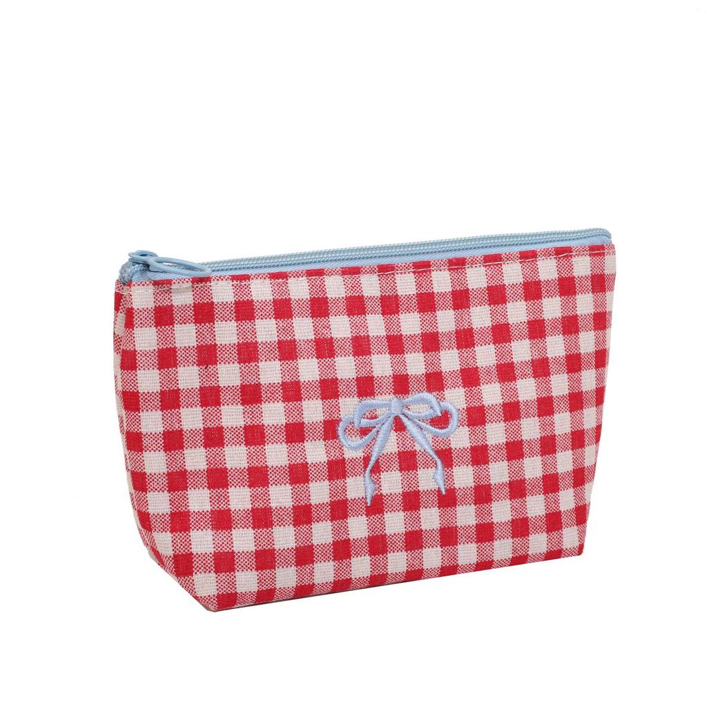 Large Plaid Makeup & Toiletry Bag with Bow Embroidery - Portable Handheld Storage & Student Pencil Case