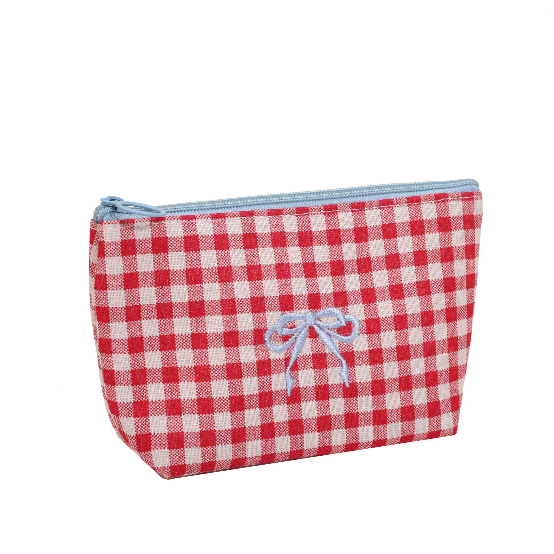 Large Plaid Makeup & Toiletry Bag with Bow Embroidery - Portable Handheld Storage & Student Pencil Case