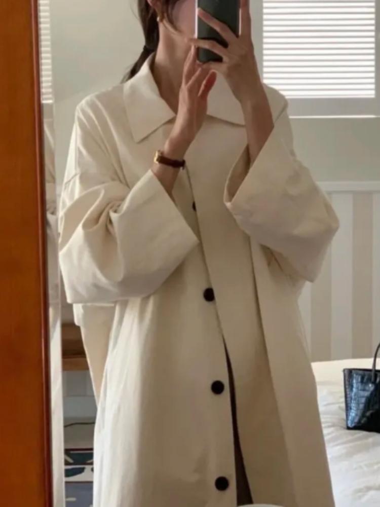 Korean Vintage Fashion Overcoat Loose Fit Single Breasted Long Coat with Detachable Hood Autumn Winter Women Outerwear Retro Long Sleeve New