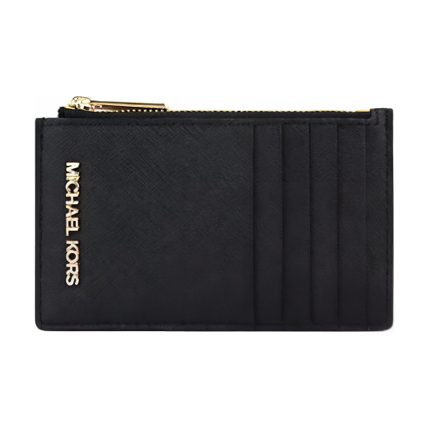 

Michael Kors MK Jet Set Logo Zip Closure Crosshatch Leather Wallet Card Holder Medium Women wallet Black 35F2GTVD2L-BLACK Black