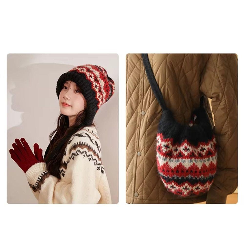Wind-Resistant Pullover Bonnets With Strap Earmuffs Pile Cap Fashion Jacquard Knitting Hat