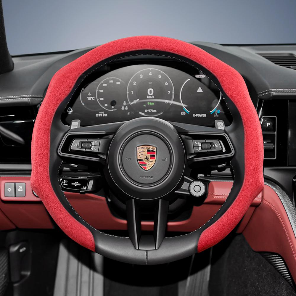 Suitable for Porsche Premium Suede Snap-On Steering Wheel Cover, Non-Slip and Durable Cayenne 996 Macan 957 Volante Boxster 986 718 Alcantara Turbo