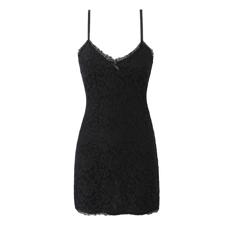 

Jiao Wants Tea Art Fashion Sexy Style Sexy Lace Jacquard Double Layer See-through Dress Cutout Sling Bodycon Dress Black L