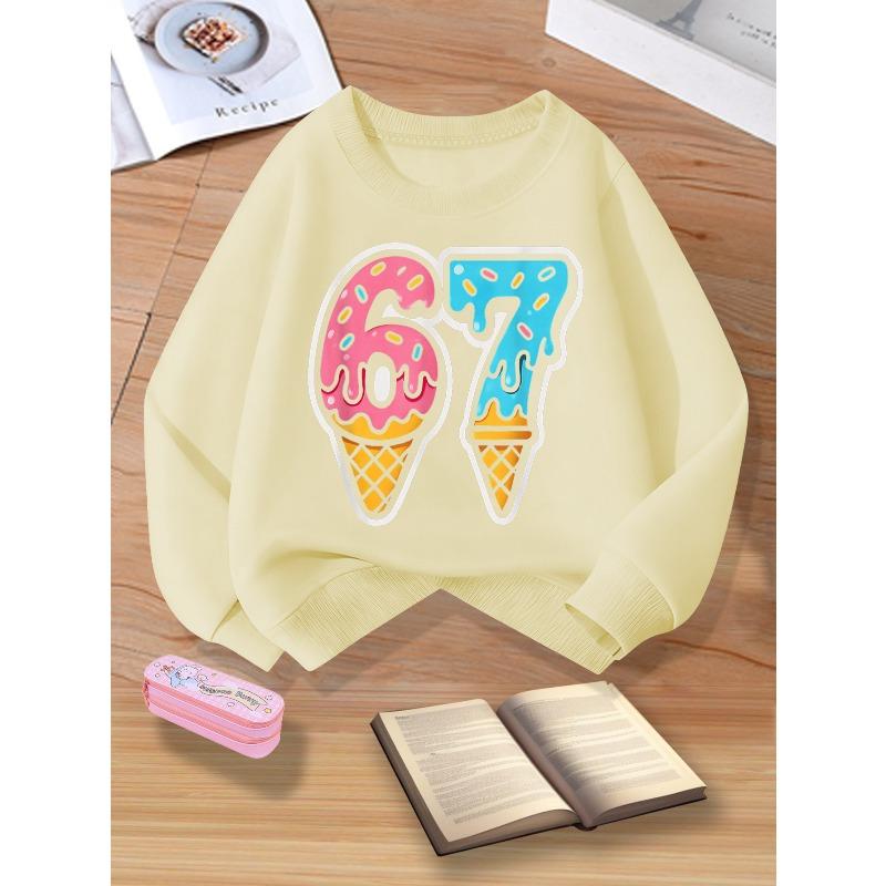 Kids Unisex Crewneck Sweatshirt, Cute Dripping Ice Cream Cone Shaped 67 Number Print Long Sleeve Pullover, Sweatshirt for Boys Girls Over 4 Years Old
