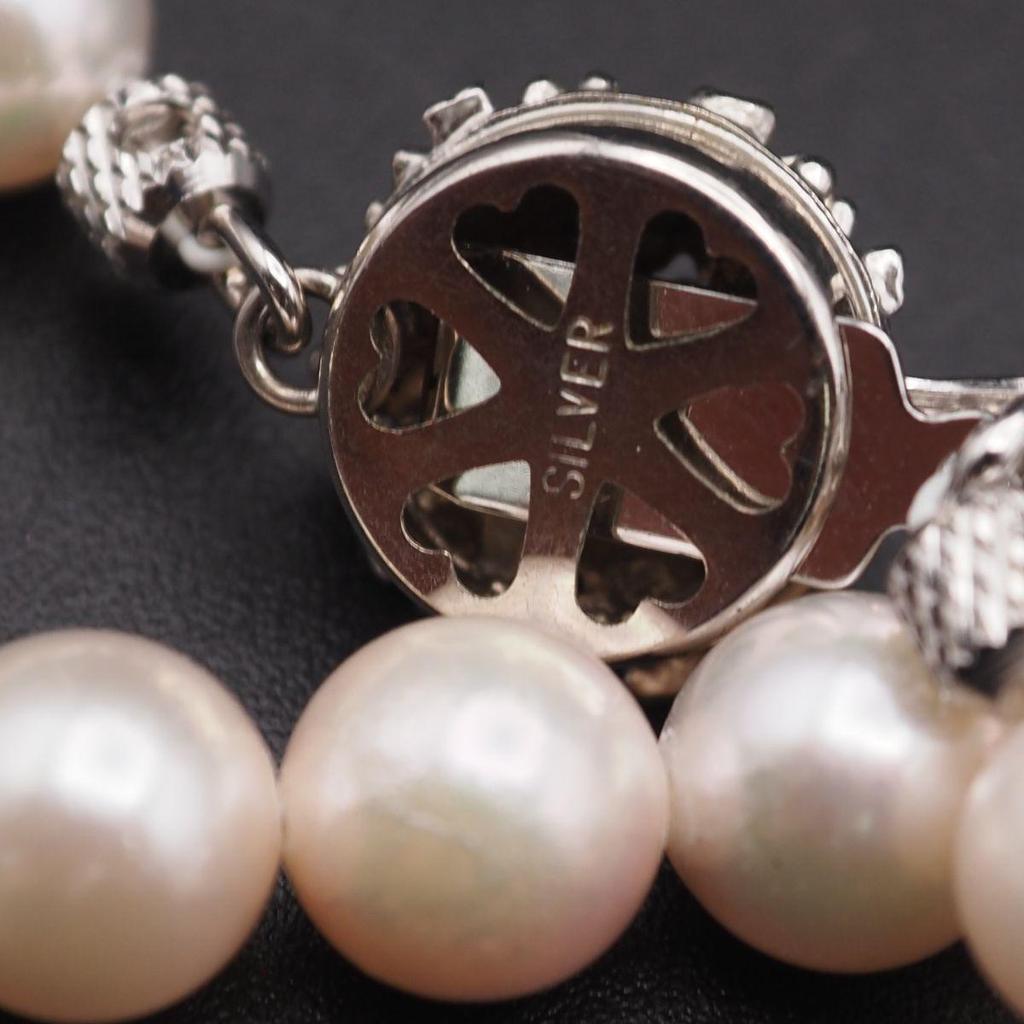 Used V342 Genuine Pearl 6.7mm Pearl SILVER Engraved Necklace Design Silver June Birthstone