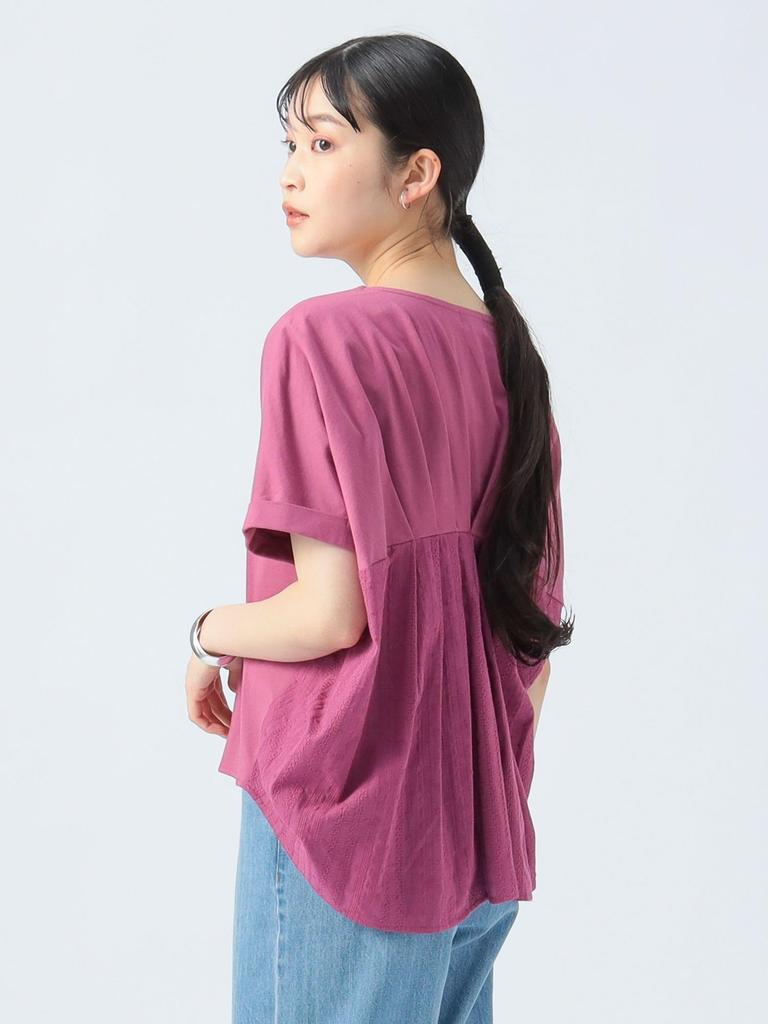 Beams Heart Back Mixed Material Crew Neck One Size S/S Tee, Tuck, Pullover, Women's, Berry,