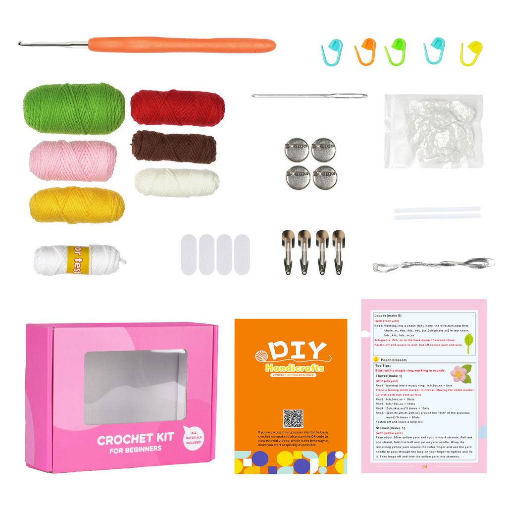 Flower Brooch Crochet Kits DIY Knitting Craft with Yarn Crochet Hook Needle Knitting Marker Material for Beginners Kids