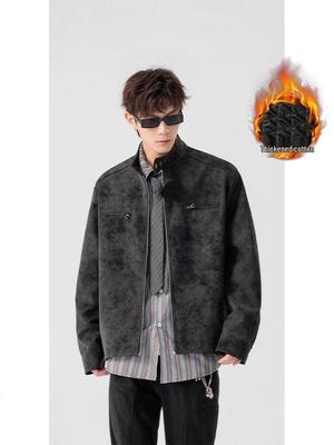 Men's Retro American Tie-Dye PU Leather Jacket - Warm, Trendy, Stand-Up Collar for Autumn