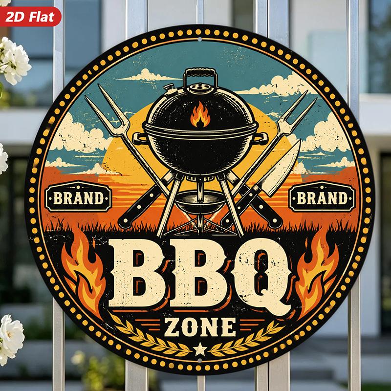 Vintage BBQ Zone Grill Flame D Flat Metal Tin Sign Retro Barbecue Tool Graphic Wall Plaque for Backyard Patio Outdoor Decor