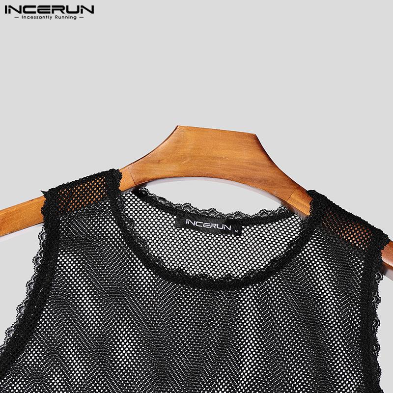 INCERUN Sommer Herren Ärmelloses Spitzensaum Mesh Durchsichtig Party Cropped Tank Tops