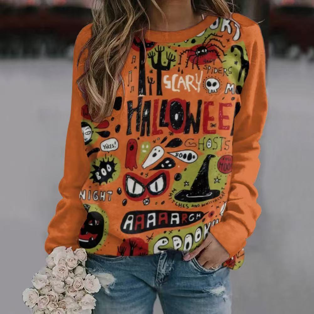 New Halloween Ladies Sweater 3D Digital Printing Pumpkin Bat Dark Pattern Crew Neck Long Sleeve Top