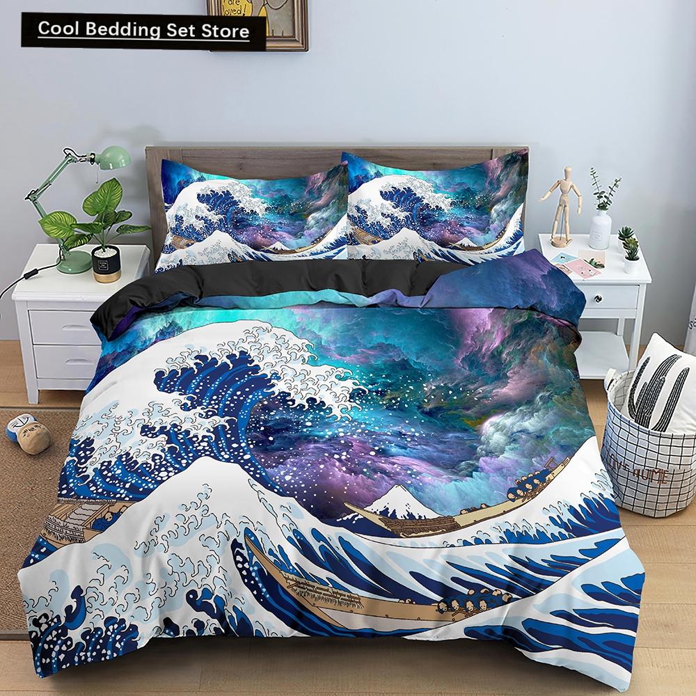 Ozeanwelle Bettwäscheset 3D Abstrakte Kunst Bettbezug King/Queen Größe mit Kissenbezug Aquarellstil 2/3-teilig Polyester Steppdeckenbezug