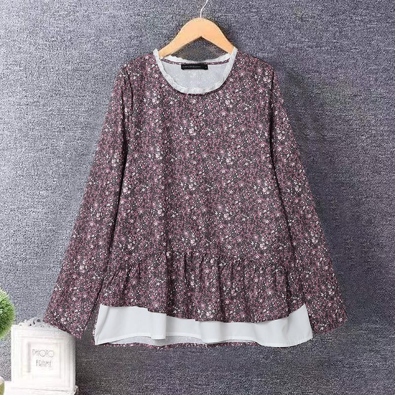 ZANZEA Women Casual Round Neck Long Sleeve Floral Print Contrast Color Blouses