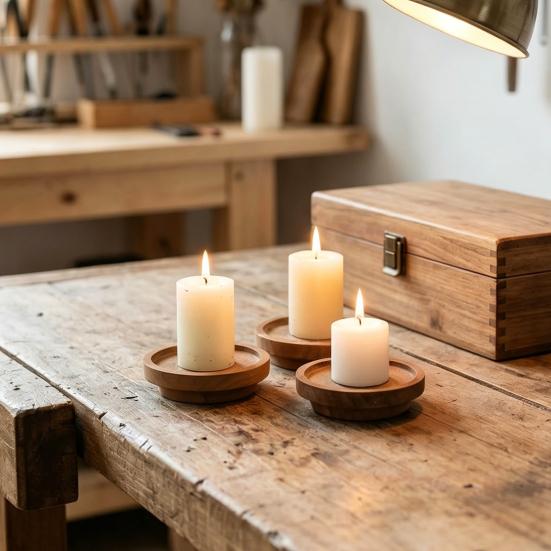 Candle Holder Tray, Round Wood Decorative Candle Plate, Rustic Tealight Pillar Candle Tray for Farmhouse, Kitchen, Coffee Table Decor