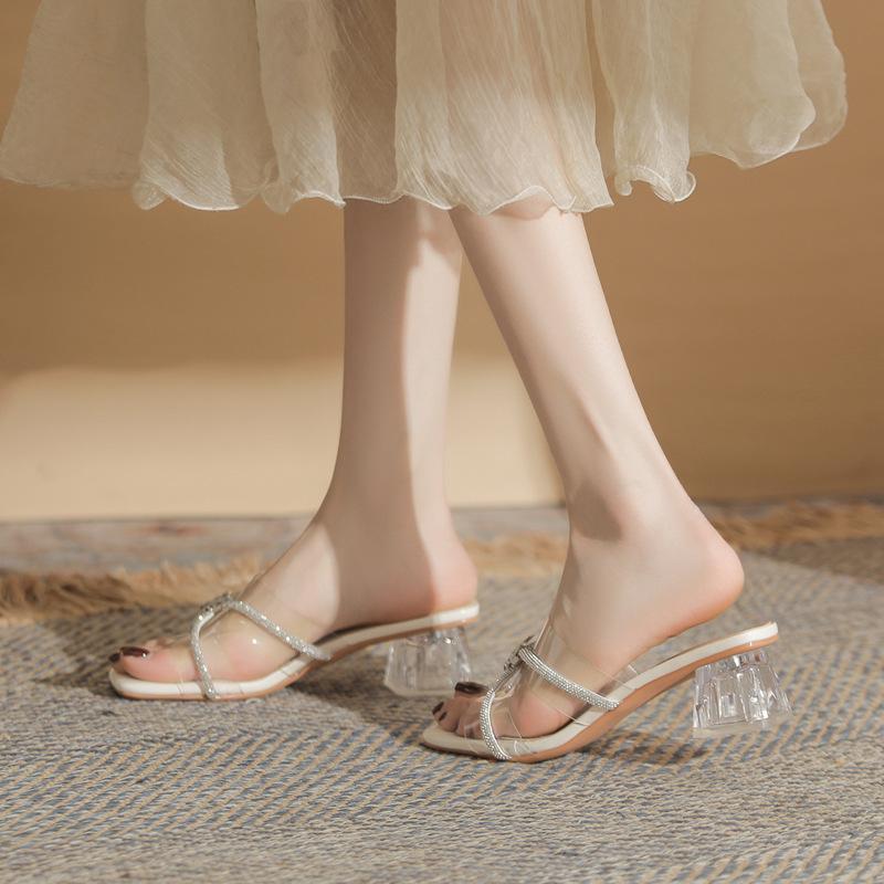 2025 summer new square head open-toed middle heel fairy style temperament with rhinestone crystal and cool slippers female muller shoes