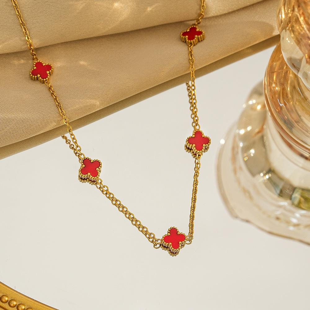 Double Sided Shell Necklace with Four Leaf Clover and Five Flower Mother of Pearl Collarbone Chain, 18K Gold High-end Necklace