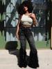 High Waist Distressed Pearl Feather Embellished Jeans