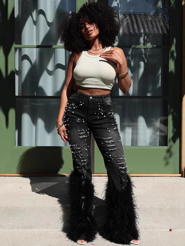 High Waist Distressed Pearl Feather Embellished Jeans