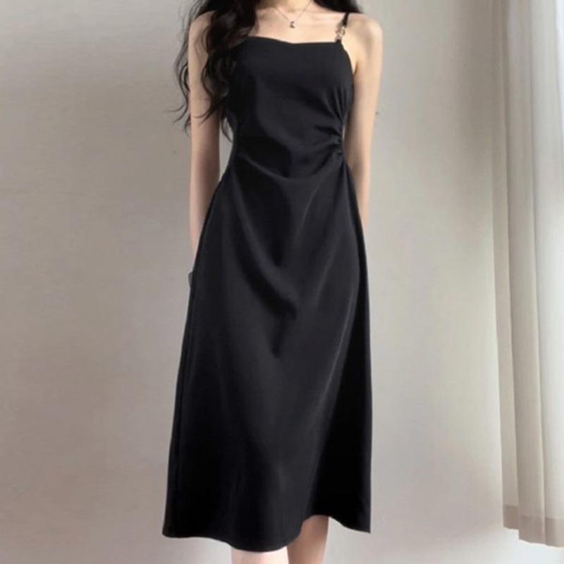 

women square neck camisole midi dress sleeveless side ruched casual solid color a-line sundress S чёрный