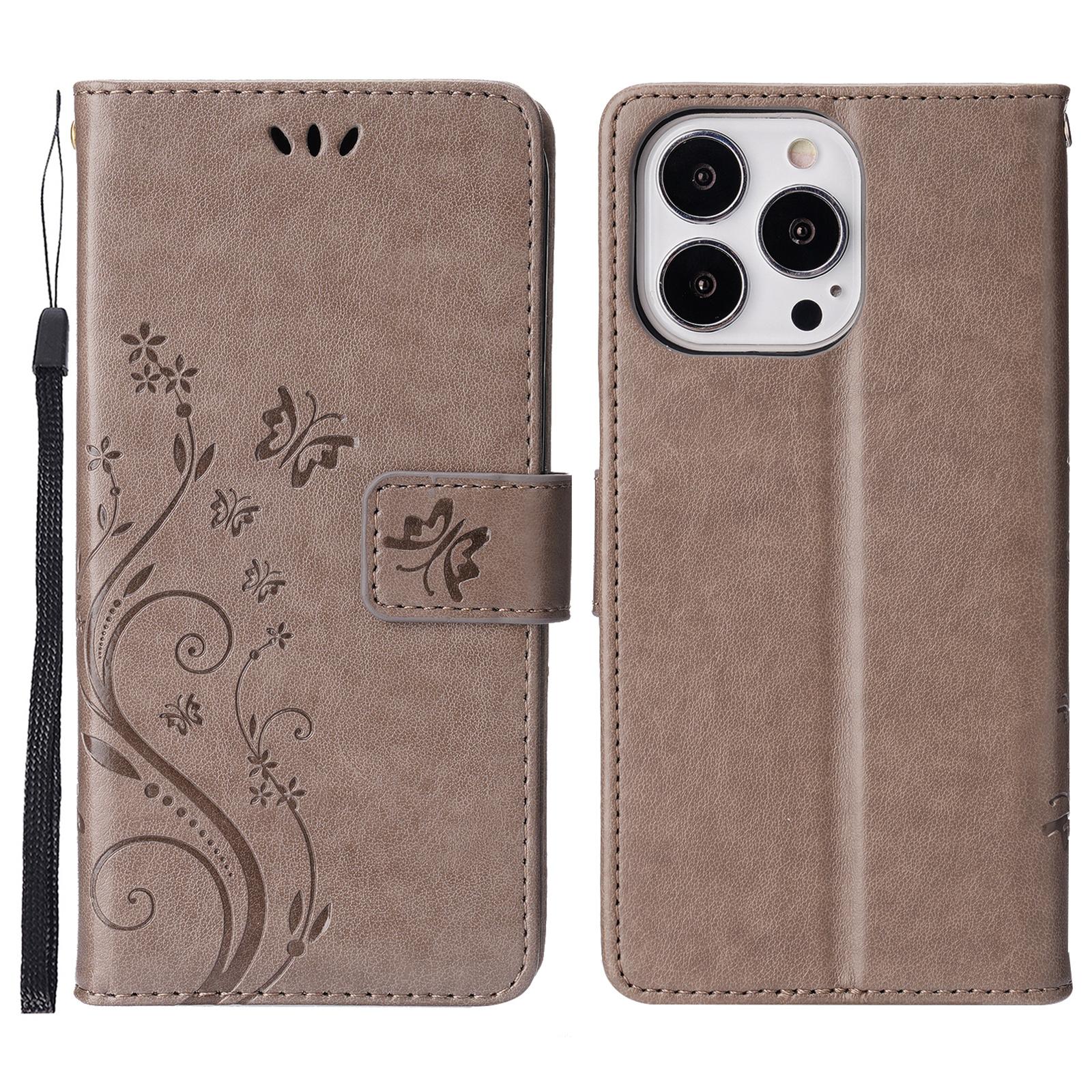 

Для iPhone 16 Pro Чехол Противоударный Кожаный Чехол-книжка с Цветочным Принтом Бабочки Grey