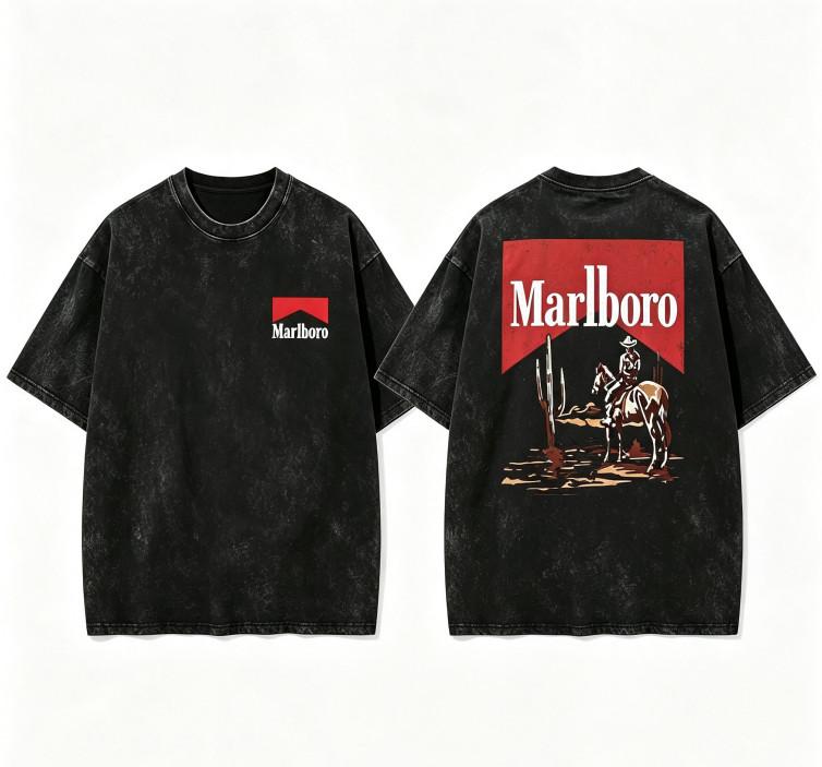 Vintažiniai plauti Marlboro Kaubojų priekio ir nugaros spaudiniai vyriški marškinėliai
