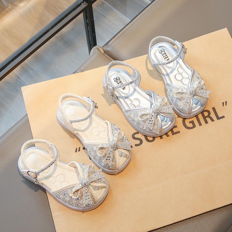 Girls Sandals Peep Toes Shiny Crystal Kids Princess Shoes Sweet Bows 2025 Summer New Children Beach Shoes Non-slip Soft Sole