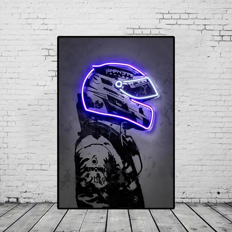 Retro Neon Light Effect Motorcycle Helmet Poster Print Canvas Painting Graffiti Art Wall Picture for Bar Room Home Decor NO LED