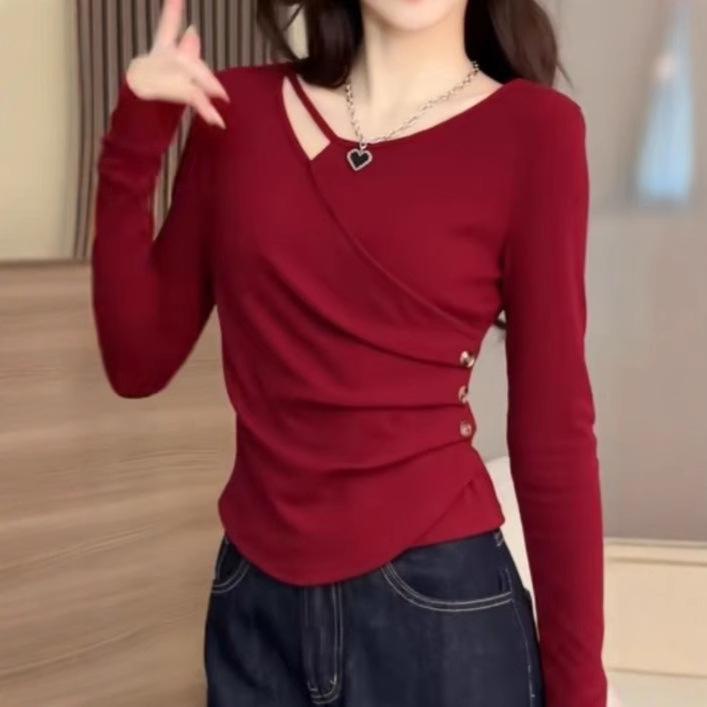 Langarm-T-Shirt für Damen Herbst und Winter Neues Innen-Unterhemd, Slim-fit, Figurumschmeichelnd und Dünnes Oberteil mit vorderer Schulterpartie für Damen