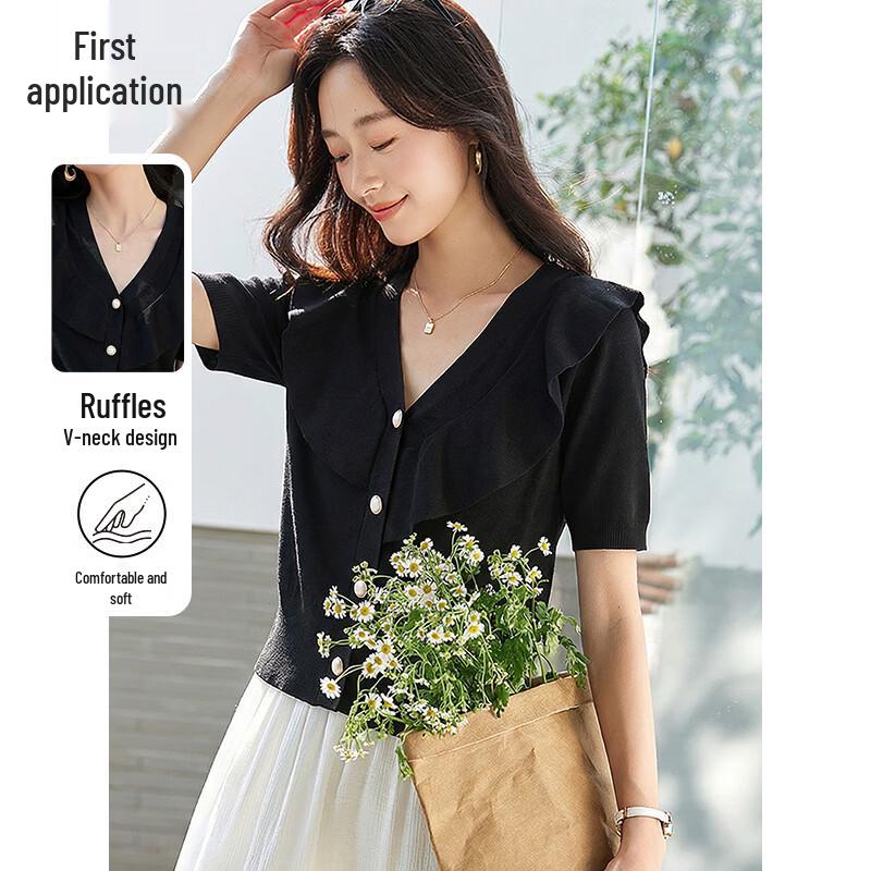 Women s Retro V-neck Ruffled Hem Knit T-shirt M