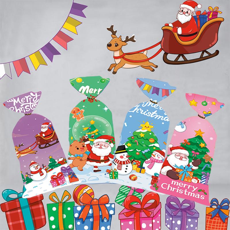 50Pcs Xmas Cookie Packing Bags With Ribbon Ties Christmas Party Treat Candy Bag Festival Party Favor Gift Printing Christmas