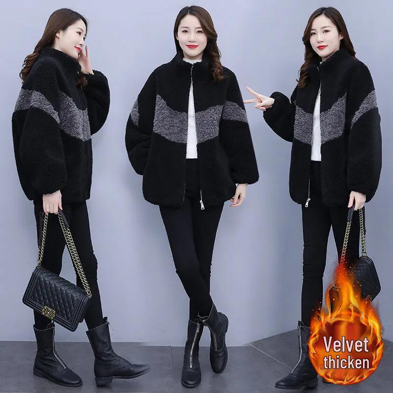 Women's Plus Size Color Block Fleece Coat - Lamb Wool One-Piece, Autumn & Winter Fashion
