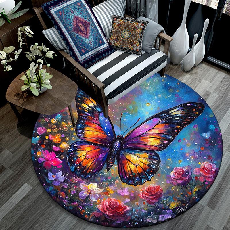 Butterfly Garden Round Area Rug,Carpet Rug for Living Room Bedroom Sofa Playroom Decor,Non-slip Floor Mat