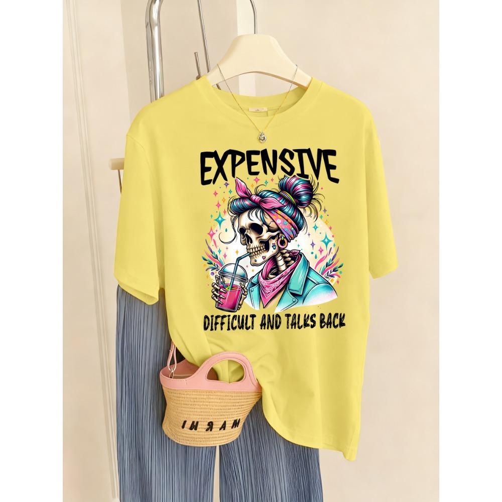Expensive Talks Back Drink Fashion Skulls Print Womens T Shirt Summer Trendy Tee Shirts Casual Short Female Streetwear