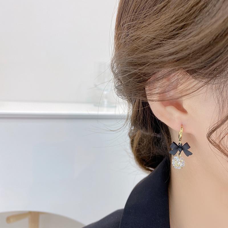 New Fashion Jewelry 14K Real Gold Plating Zircon Ball Pendant Black Ribbon Bow Knot Earrings Elegant Women's Prom Party Earrings