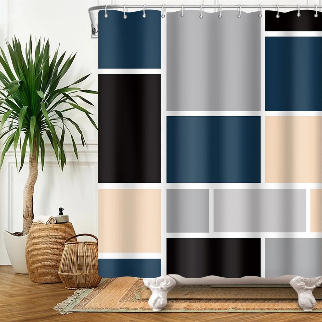 Modern Geometrischer Duschvorhang Blau Wasserdichte Duschvorhänge Polyester Badvorhang Badezimmer Strukturierter Stoff Maschinenwaschbar