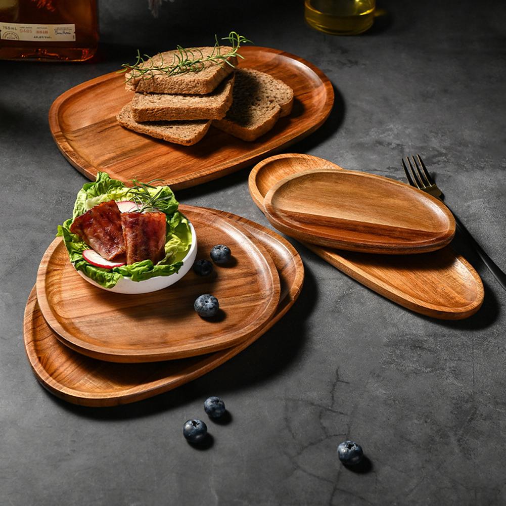 1PC Irregular Oval Wooden Dinner Plate Serving Tray Solid Wood Dinner Plates For Dishes Snack Fruit Dessert Home Decoration