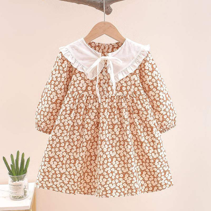 2025 Girls' Floral Princess Long Dress with Peter Pan Collar – Trendy Spring/Autumn Fashion