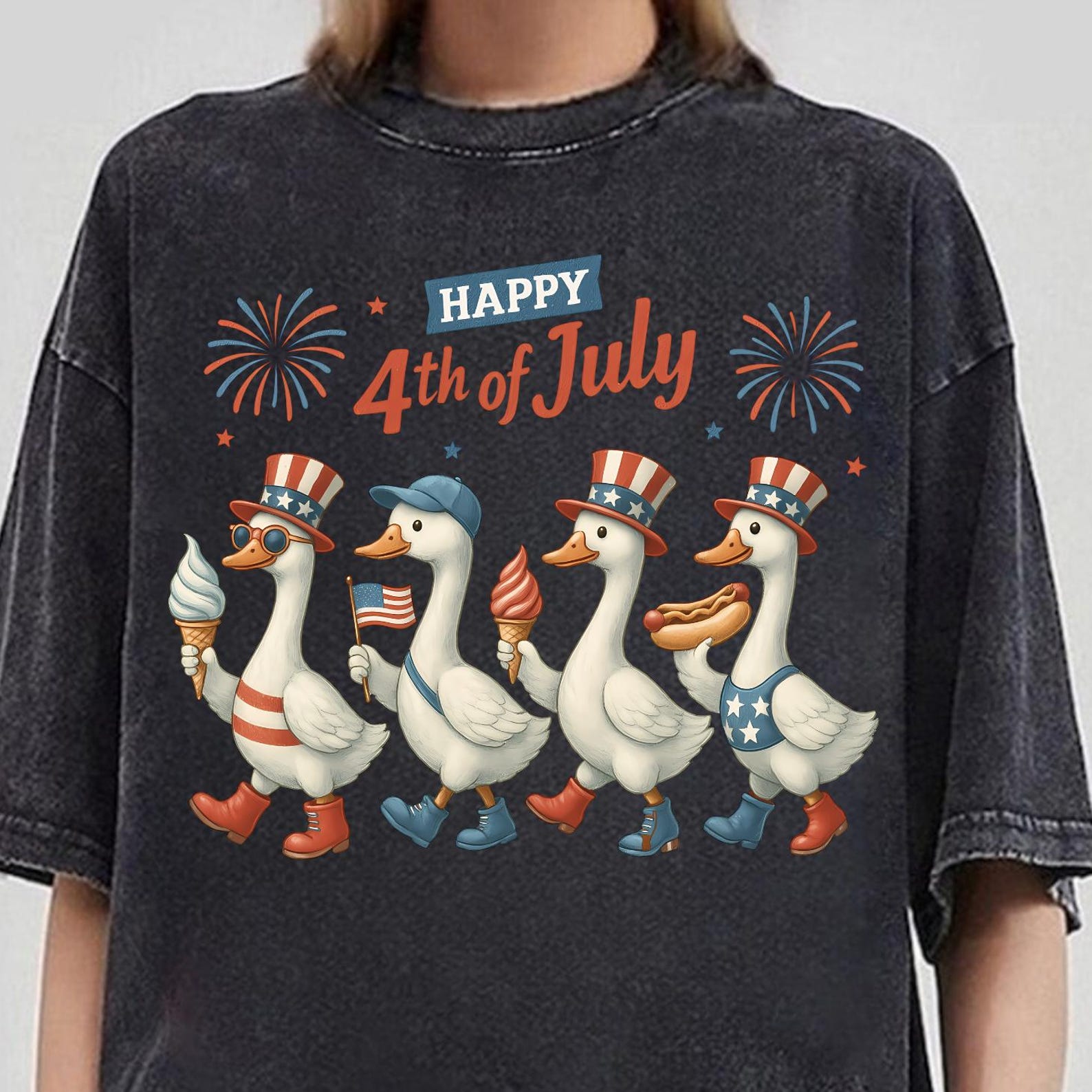 Happy 4th Of July Ducks Shirt, Patriotic Goose Tee, Memorial Day Gift, Girly USA Flag Tee, Independence Day Tee, Red White And Goose 4XL