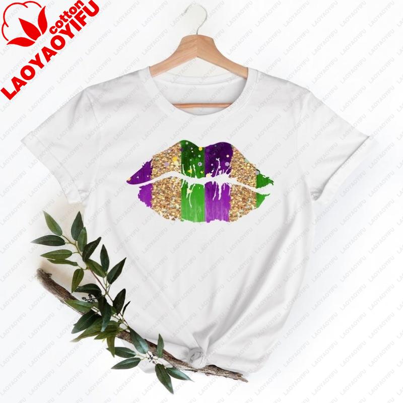 Mardi Gras Lips Fleur De Lis Shirt Fat Tuesday Womens Tee Oversized T Shirt Women Clothes Graphic T Shirts Y2k Aesthetic Tops