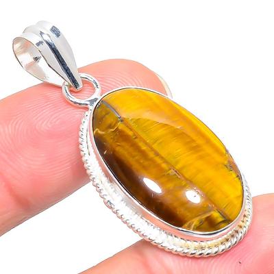 Natural Tiger Eye Gemstone Handmade 925 Sterling Silver Pendant 1.81" H8Q77