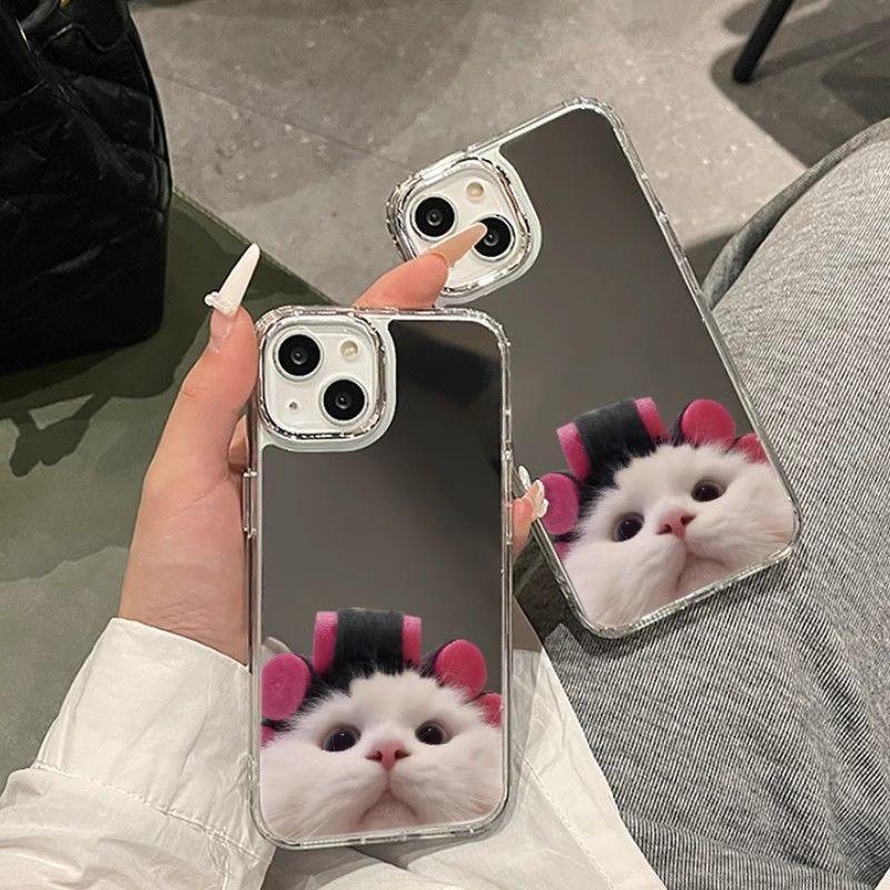 Cute curly hair cat iPhone11promax Apple 11 mobile phone case 11 makeup mirror 11 women 11 anti-drop 11