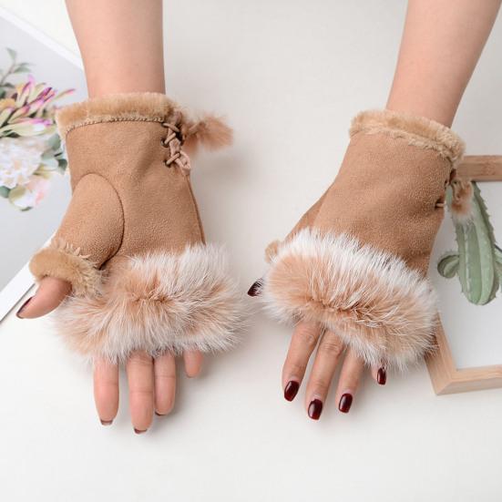Women Fingerless Gloves Winter Suede Faux Fur Gloves Warm Fuzzy Half Finger Mittens for Women Girls Teens Writing Typing