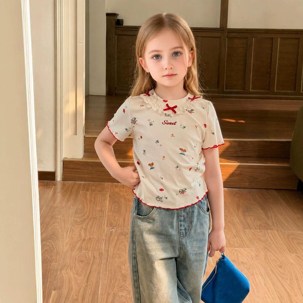 Girls Sweet Floral Short Sleeve T Shirt Casual Trendy Top For Big Kids