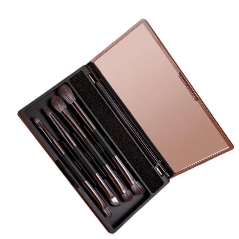 Little Sparrow Makeup Brush Set with Mirror Box, 4 Dual-Head Eyeshadow Brushes, Portable Mirror Brush Box, Multi-Functional Setting Brush