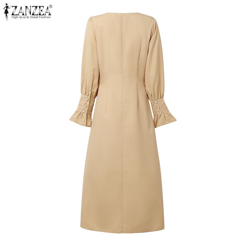 ZANZEA Damen Lässiges V-Ausschnitt Einfarbig Langarm Etuikleid