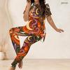 Women Plus Size Two Piece Set Round Neck Short Sleeve Cartoon Lamb Printed Top Fitted Long Pants