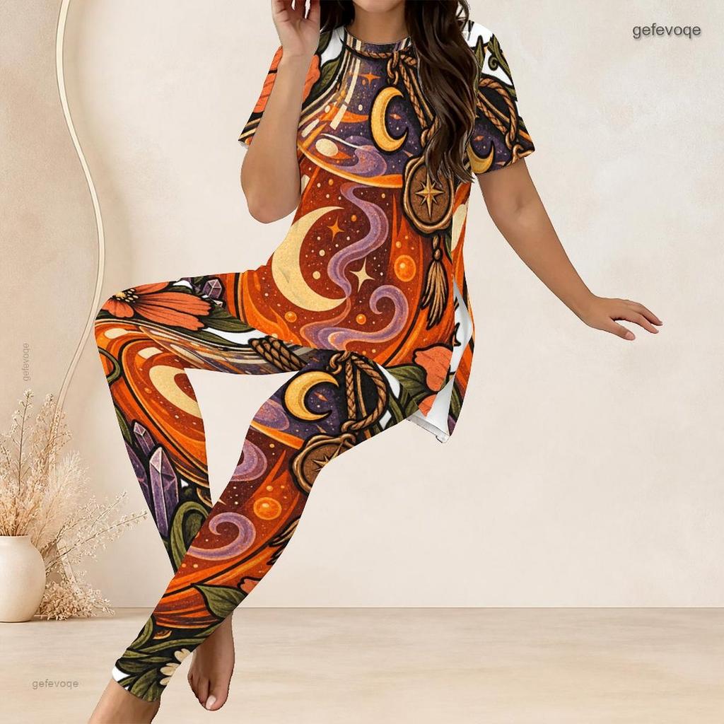 Women Plus Size Two Piece Set Round Neck Short Sleeve Cartoon Lamb Printed Top Fitted Long Pants