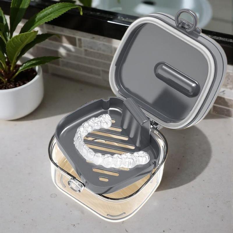 2-in-1 Multi-Layer Denture and Retainer Case with Mirror Lid – Leak-Proof Storage Box Including Cleaning Brush
