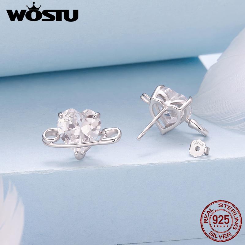 WOSTU Real 925 Sterling Silver Safety Pin Earrings CZ Ear Studs Minimalist Wedding Paperclip Earring Statement Jewelry Gift