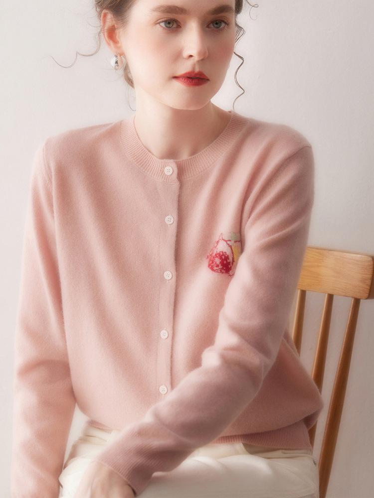 Soft, Skin-Friendly 100% Cashmere Knit Round Neck Cardigan, Single-Breasted Jacquard Commuter Top